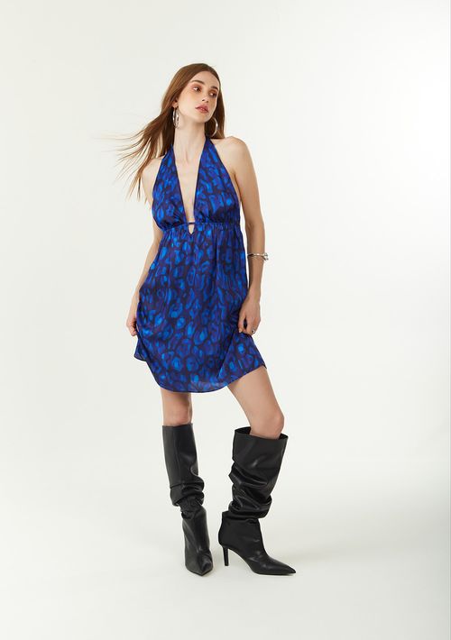 Vestido Zinco Solto Decote V Sem Manga Curto Azul