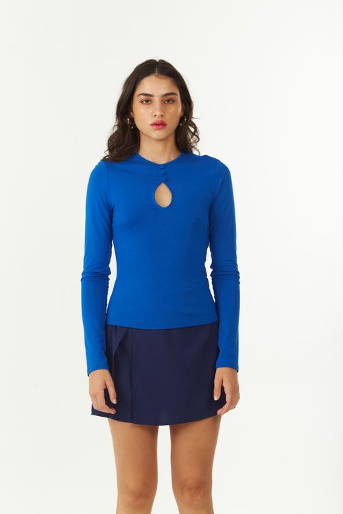 Blusa Zinco Ajustada Decote Careca Manga Longa Padrão Azul
