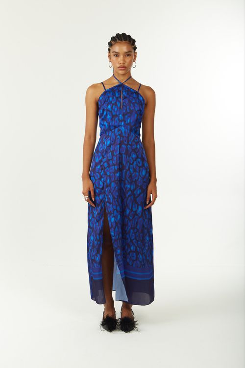 Vestido Zinco Solto Cava Francesa Com Alça Longo Azul