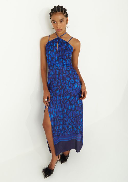 Vestido Zinco Solto Cava Francesa Com Alça Longo Azul