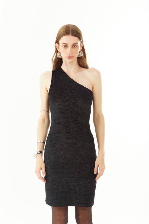 Vestido Zinco Ajustado Um Ombro Só Sem Manga Curto Preto