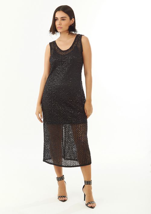 Vestido Zinco Ajustado Decote Careca Sem Manga Midi Preto