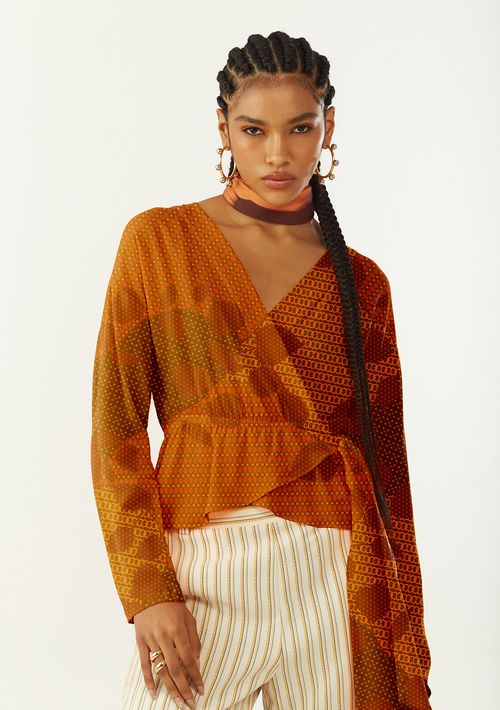 Blusa Zinco Ajustada Decote V Manga Longa Padrão Bordo