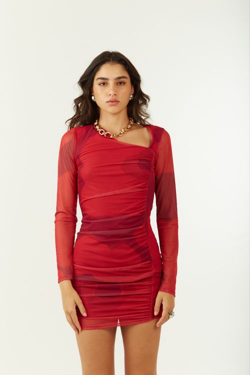 Vestido Zinco Solto Decote V Manga Longa Curto Rosa