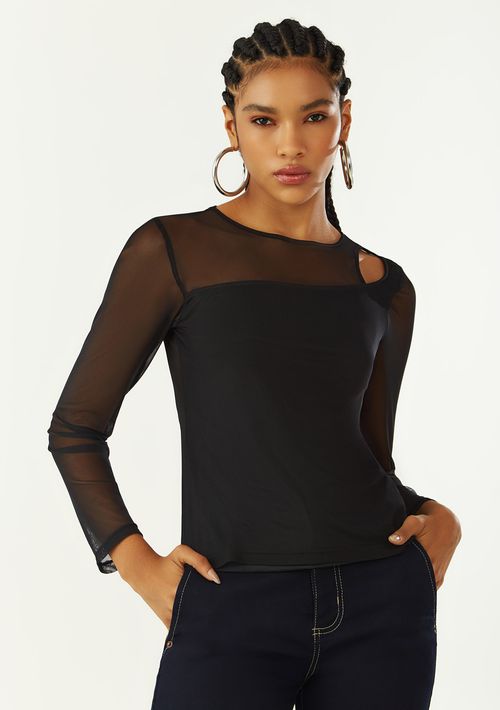 Blusa Zinco Ajustada Decote Careca Manga Longa Padrão Preto