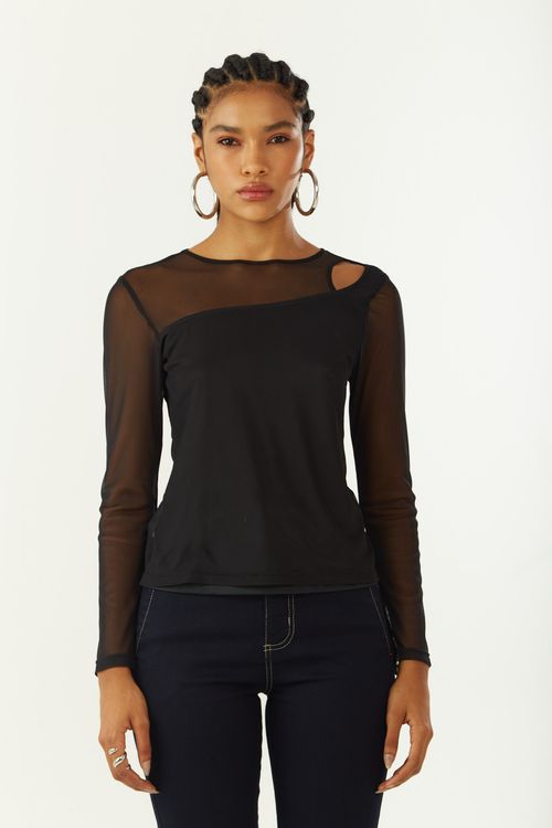 Blusa Zinco Ajustada Decote Careca Manga Longa Padrão Preto