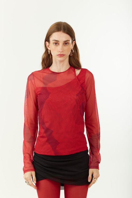 Blusa Zinco Ajustada Decote Careca Manga Longa Padrão Rosa