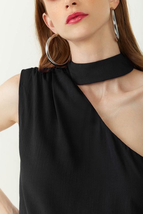 Vestido Zinco Solto Um Ombro Só Sem Manga Midi Preto