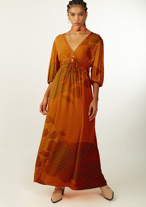 Vestido Zinco Solto Decote V Manga Curta Longo Bordo