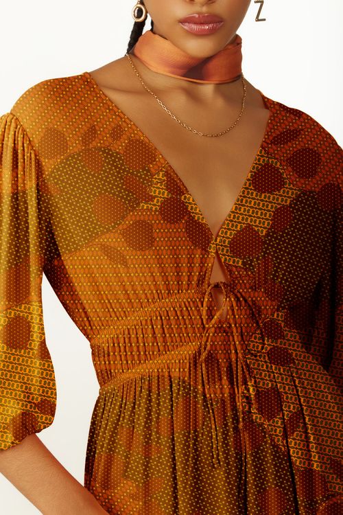 Vestido Zinco Solto Decote V Manga Curta Longo Bordo