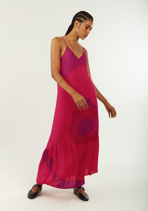 Vestido Zinco Solto Decote V Com Alça Midi Rosa