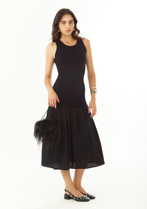 Vestido Zinco Ajustado Decote Careca Sem Manga Midi Preto