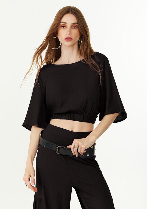 Blusa Zinco Solta Decote Careca Manga Curta Cropped Preto