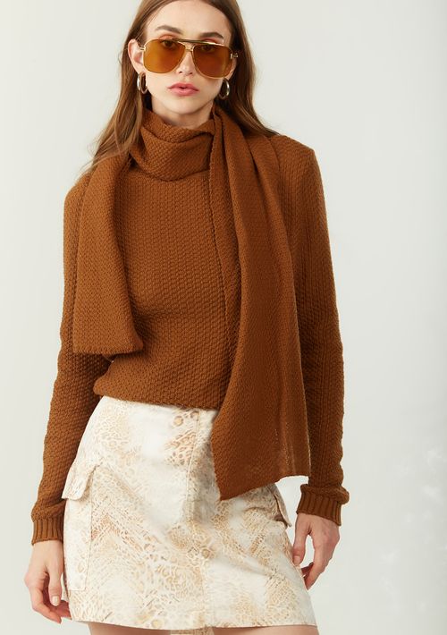 Blusa Zinco Ajustada Decote Careca Manga Longa Padrão Marrom