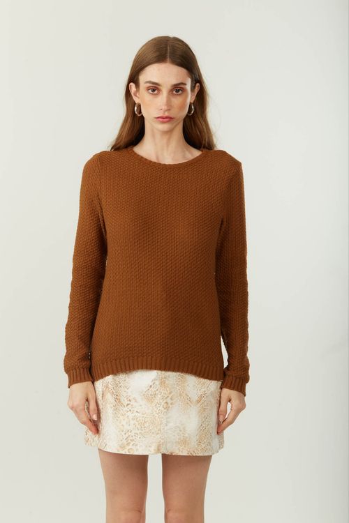 Blusa Zinco Ajustada Decote Careca Manga Longa Padrão Marrom
