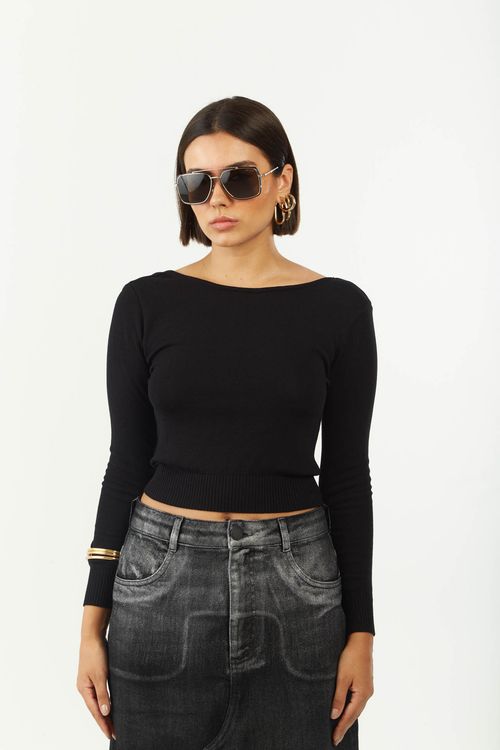 Blusa Zinco Ajustada Decote Careca Manga Longa Padrão Preto