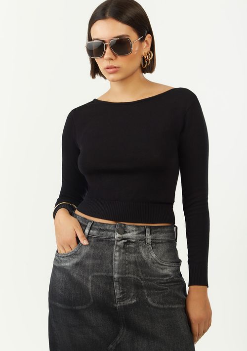 Blusa Zinco Ajustada Decote Careca Manga Longa Padrão Preto