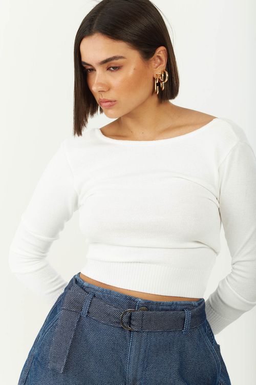 Blusa Zinco Ajustada Decote Careca Manga Longa Padrão Off White