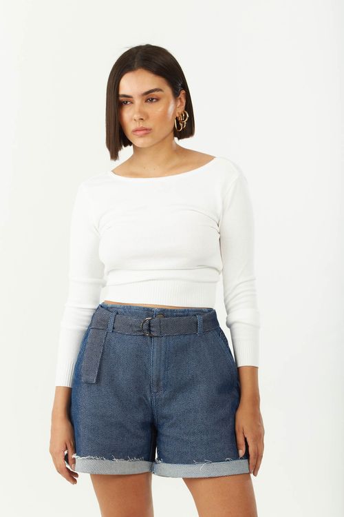 Blusa Zinco Ajustada Decote Careca Manga Longa Padrão Off White
