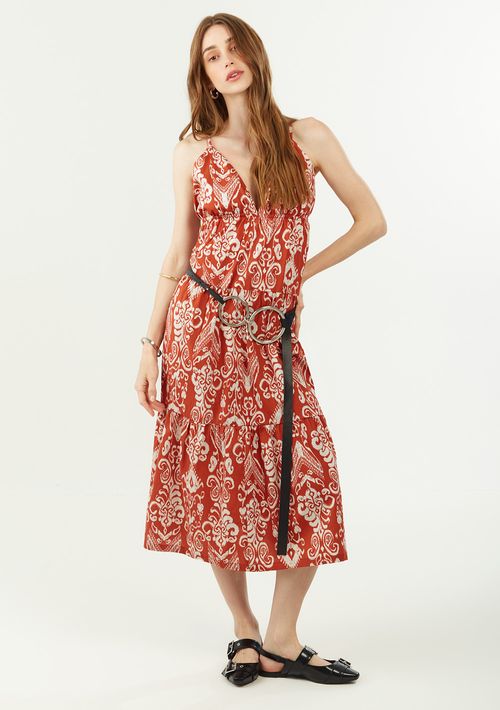 Vestido Zinco Ajustado Decote V Com Alça Longo Vermelho