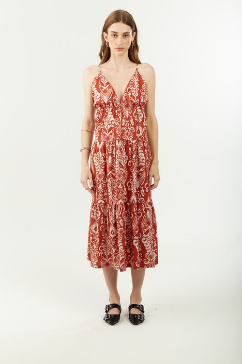 Vestido Zinco Ajustado Decote V Com Alça Longo Vermelho