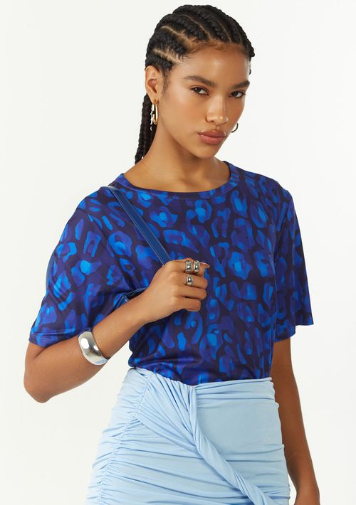 Camiseta Zinco Solta Decote Careca Manga Curta Padrão Azul