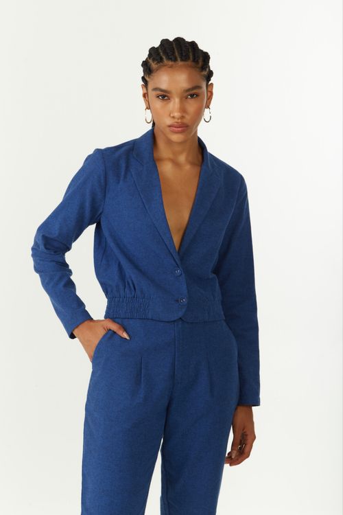 Blazer Zinco Ajustado Manga Longa Cropped Azul