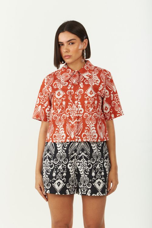 Camisa Zinco Solta Gola Tradicional Manga Curta Cropped Vermelho