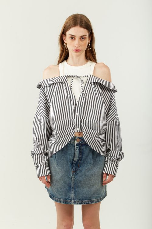 Camisa Zinco Solta Gola Clássica Manga Longa Padrão Off White