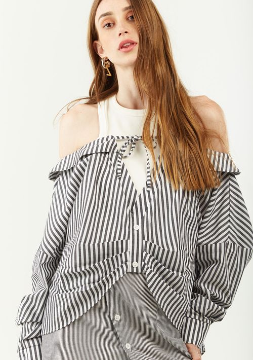 Camisa Zinco Solta Gola Clássica Manga Longa Padrão Off White