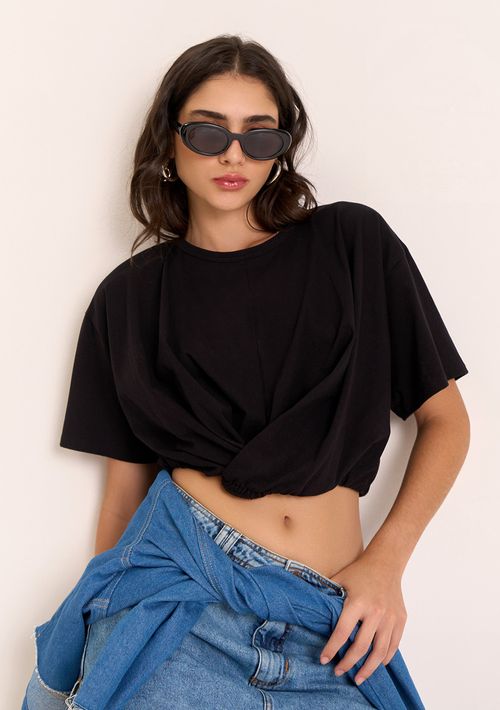 Camiseta Zinco Oversized Decote Careca Manga Curta Cropped Preto