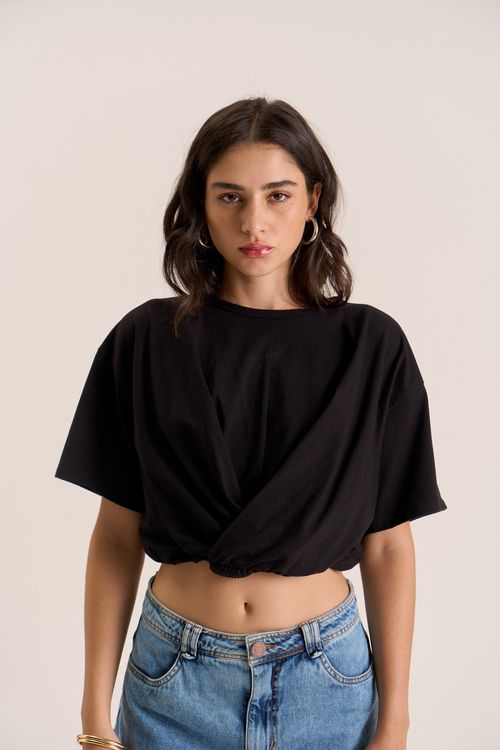 Camiseta Zinco Oversized Decote Careca Manga Curta Cropped Preto