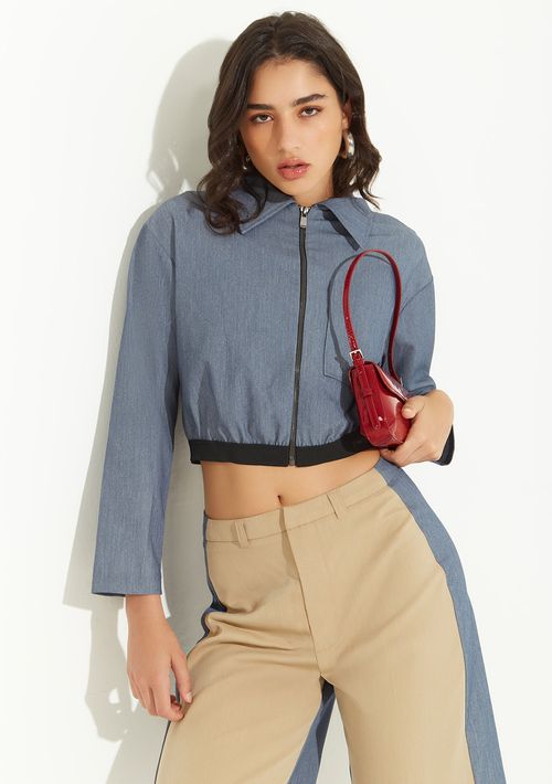 Camisa Zinco Solta Gola Tradicional Manga Longa Cropped Azul
