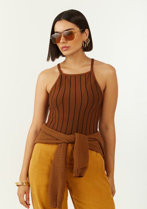 Regata Zinco Ajustada Decote Quadrado Padrão Marrom