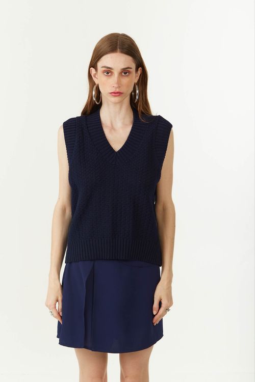 Colete Zinco Solto Sem Manga Padrão Azul Escuro