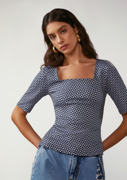 Blusa Zinco Ajustada Decote Reto Manga Curta Padrão Azul