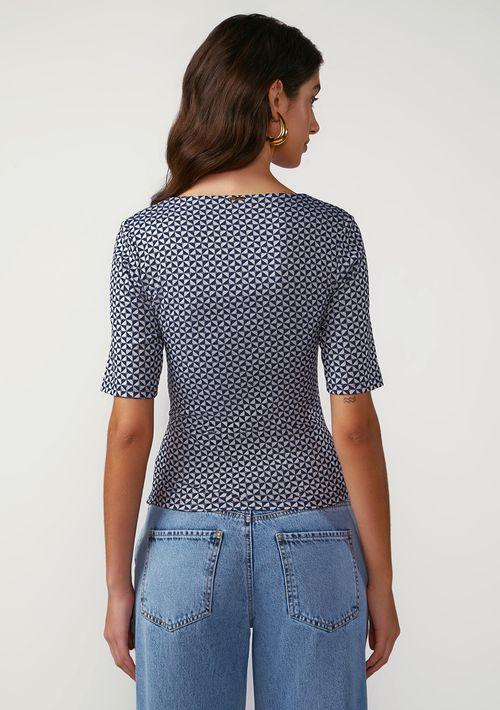 Blusa Zinco Ajustada Decote Reto Manga Curta Padrão Azul