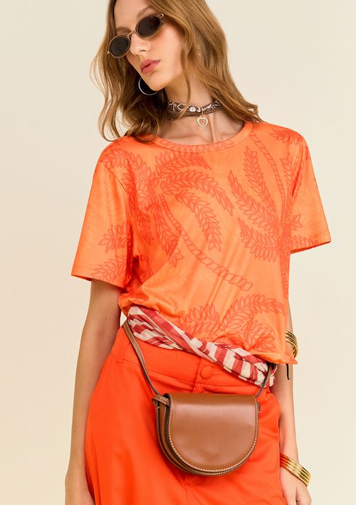 Camiseta Zinco Solta Decote Careca Manga Curta Padrão Laranja