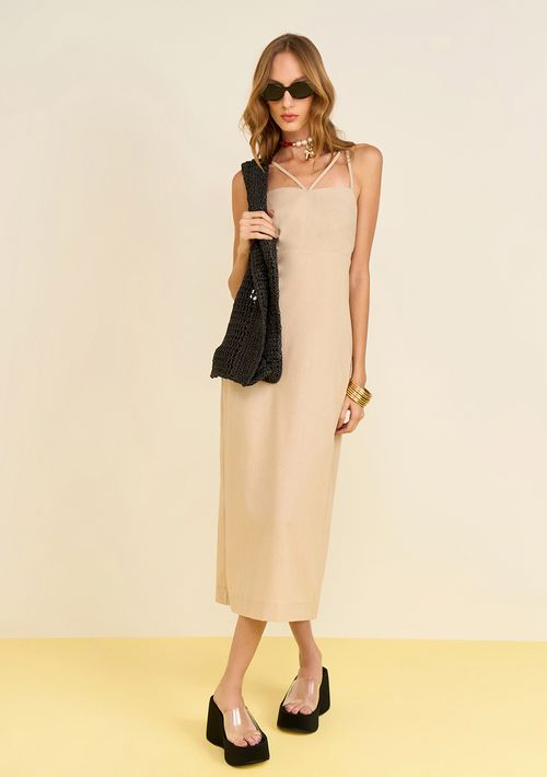 Vestido Zinco Ajustado Decote Reto Com Alça Midi Bege
