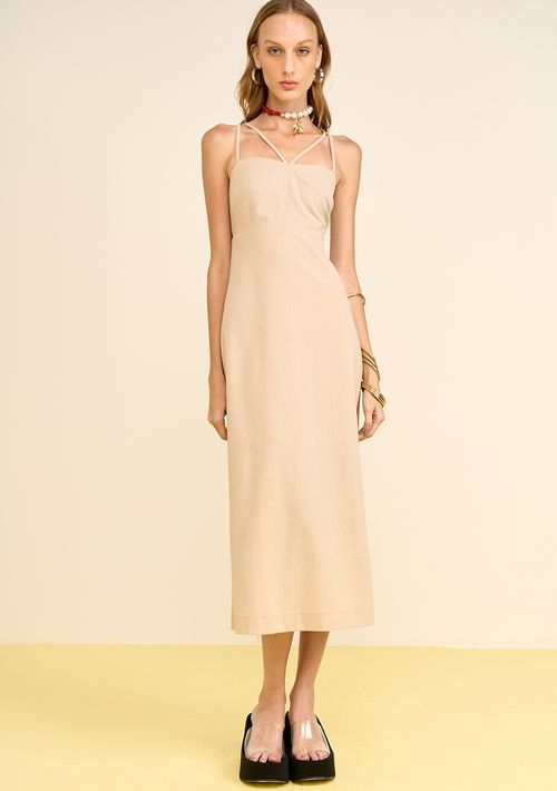 Vestido Zinco Ajustado Decote Reto Com Alça Midi Bege