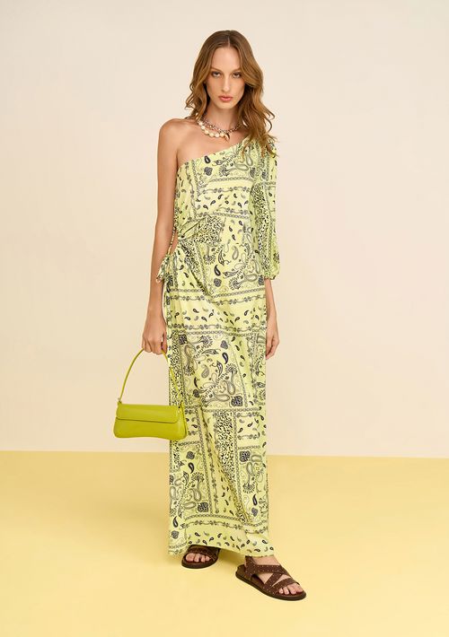 Vestido Zinco Ajustado Um Ombro Só Manga 3 Quartos Midi Verde