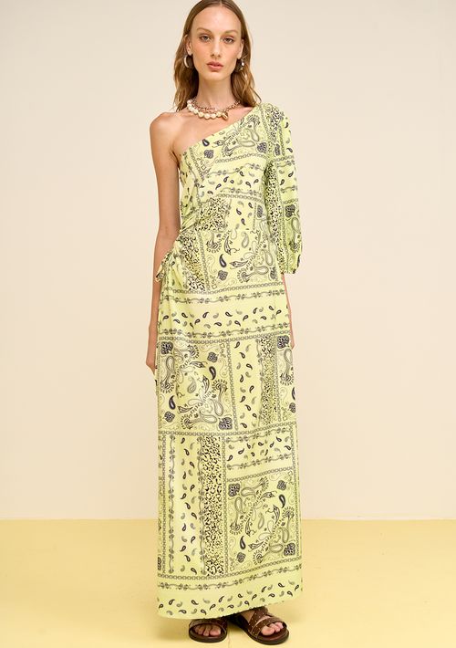 Vestido Zinco Ajustado Um Ombro Só Manga 3 Quartos Midi Verde