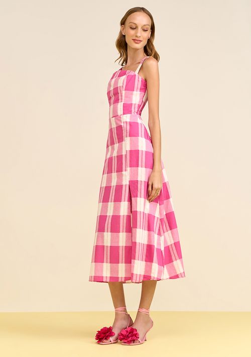 Vestido Zinco Ajustado Decote Reto Sem Manga Midi Rosa