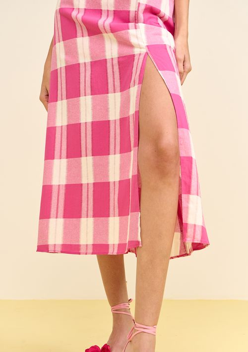 Vestido Zinco Ajustado Decote Reto Sem Manga Midi Rosa