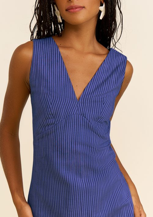 Vestido Zinco Ajustado Decote V Sem Manga Curto Azul