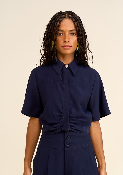 Camisa Zinco Solta Gola Clássica Manga Curta Cropped Azul