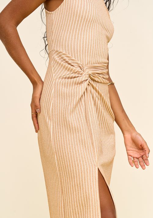 Vestido Zinco Ajustado Decote Careca Sem Manga Midi Bege