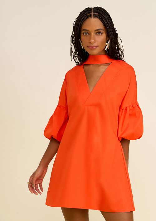 Vestido Zinco Solto Decote V Manga Curta Curto Laranja