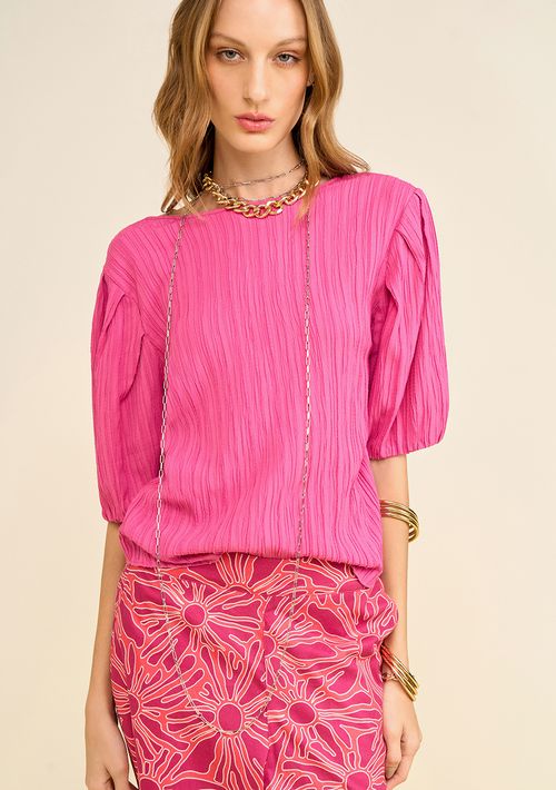 Blusa Zinco Solta Decote Careca Manga 3 Quartos Padrão Rosa