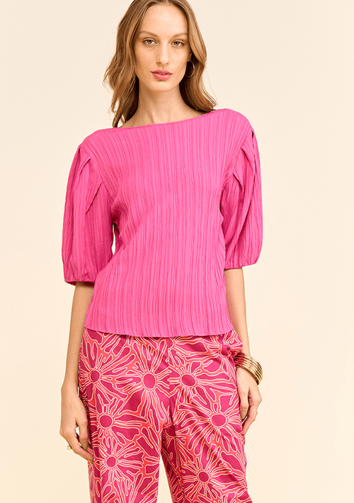 Blusa Zinco Solta Decote Careca Manga 3 Quartos Padrão Rosa